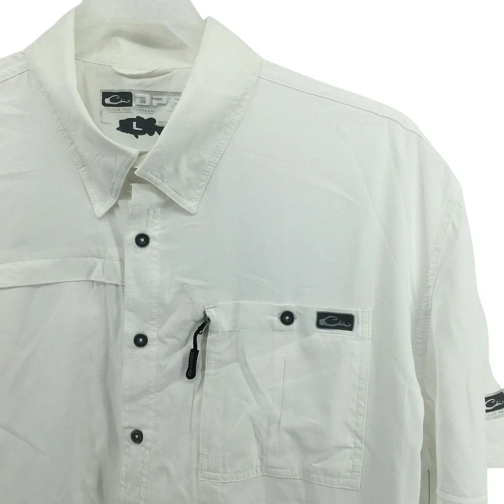 Drake Waterfowl DPF Fishing Shirt Mens Large White Short Sleeve Vented Button Up